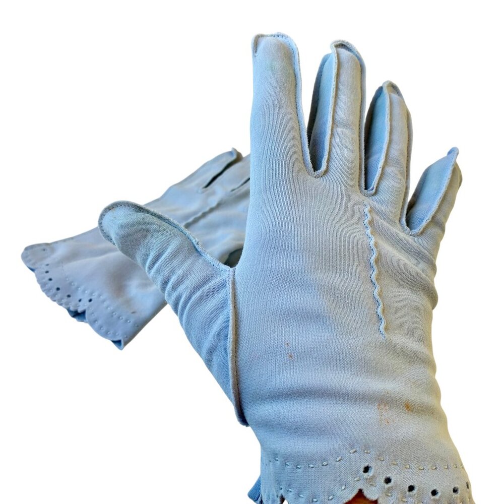 Vintage 60's Light Blue Fabric Gloves Nylon Womens 7.5
